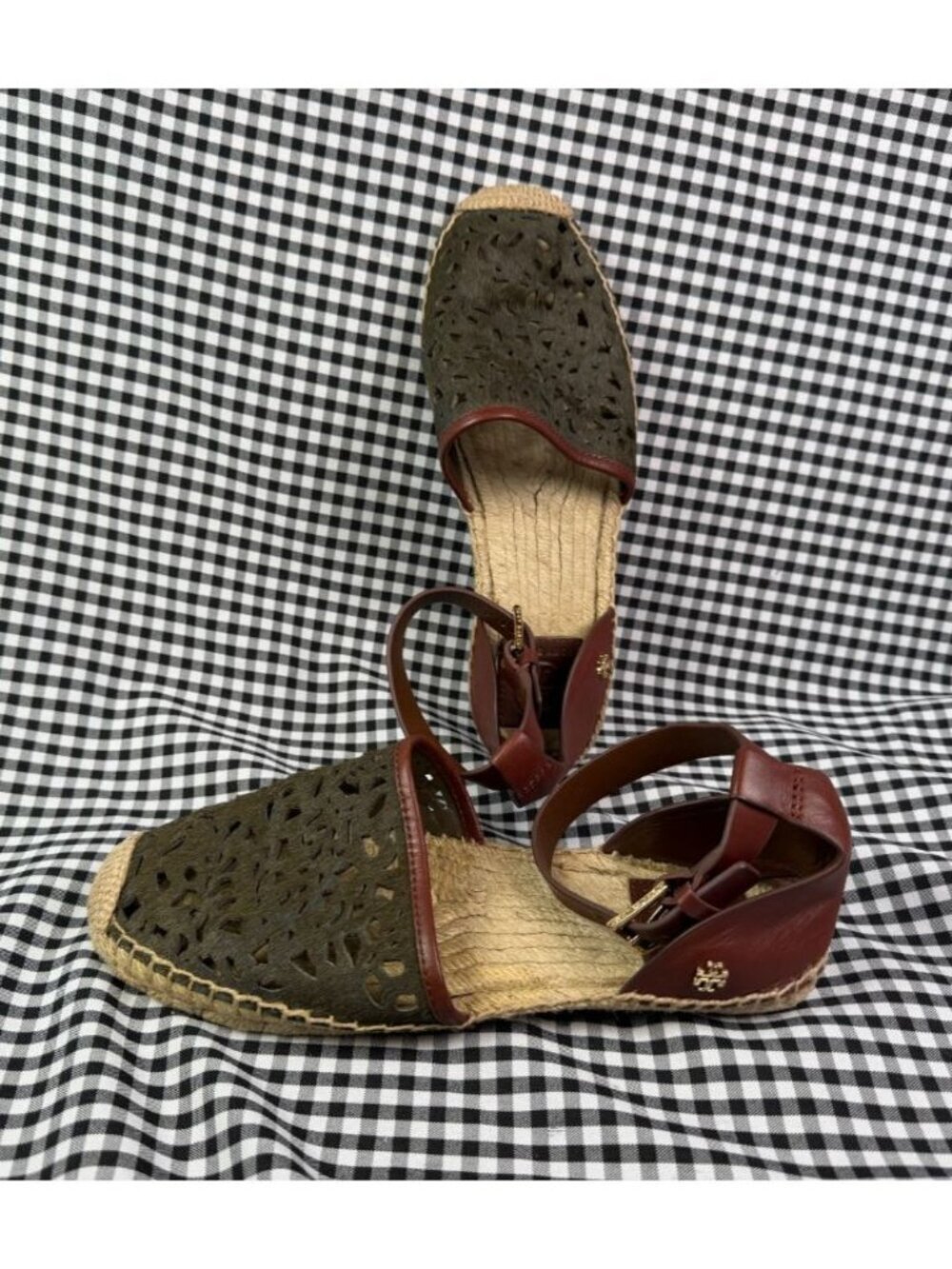 Tory Burch Eleanor Woven D’Orsay Espadrille Flats Womens 7 Olive Green Calf Hair